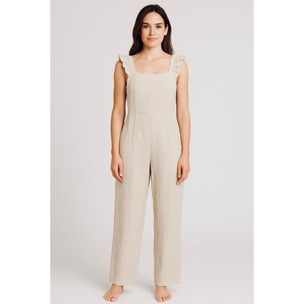 Miou Muse Women’s M Ruffled Sleeve Square Neck Jumpsuit Linen/Cotton in Oatmeal